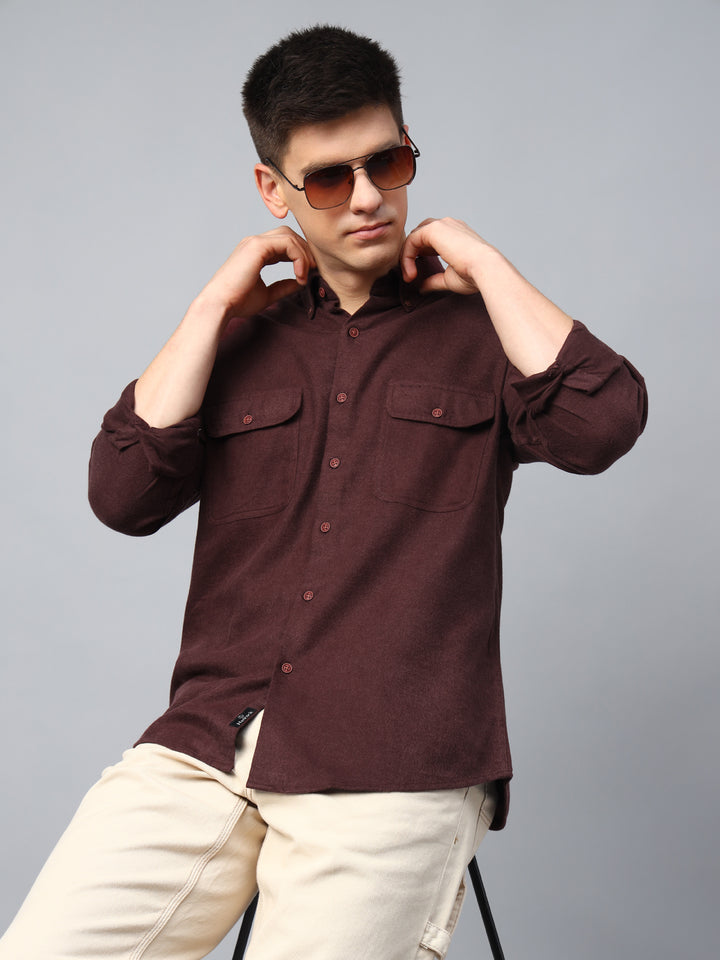 Men Burgundy Solid Cotton Slim Fit Casual Shirt