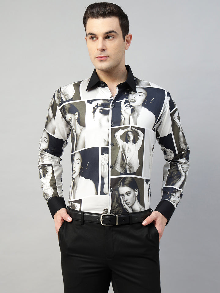 Hancock Men White & Black Prints Cotton Elastene Slim Fit Party Shirt