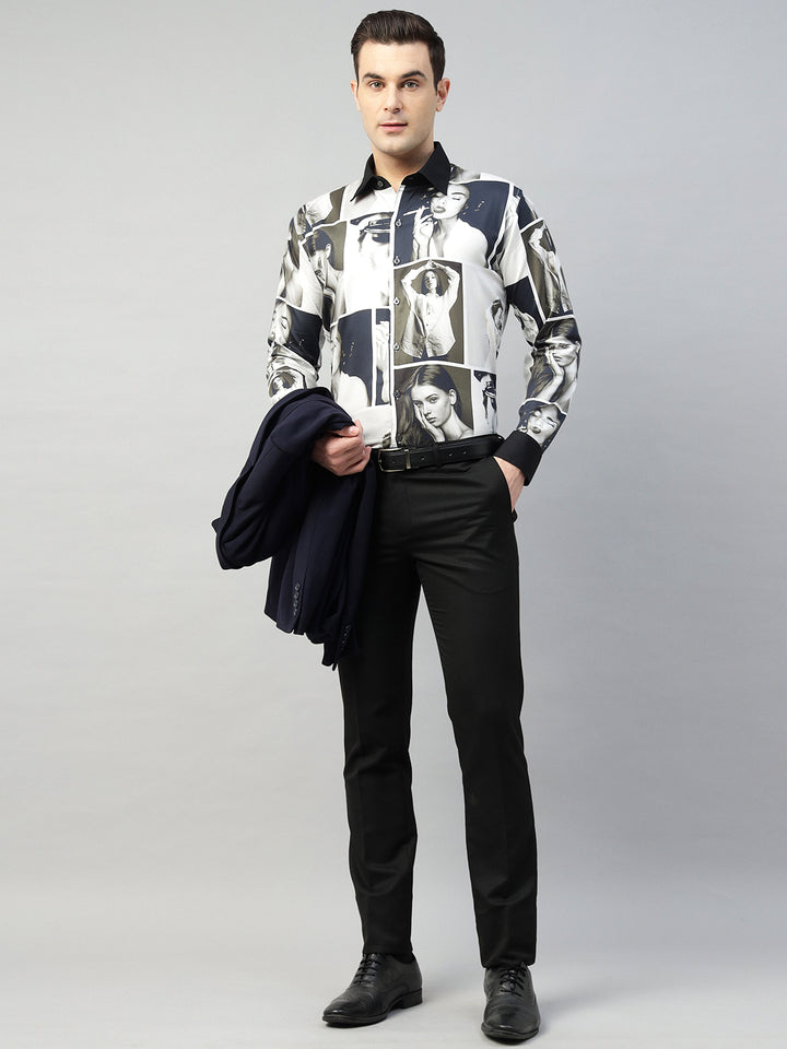 Hancock Men White & Black Prints Cotton Elastene Slim Fit Party Shirt