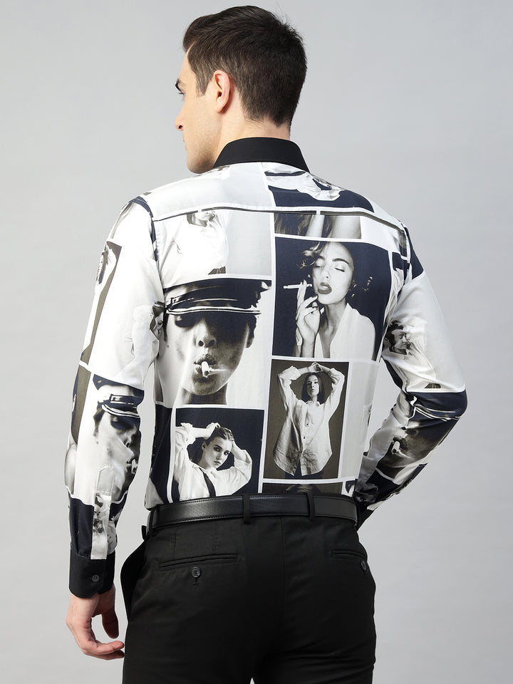Hancock Men White & Black Prints Cotton Elastene Slim Fit Party Shirt