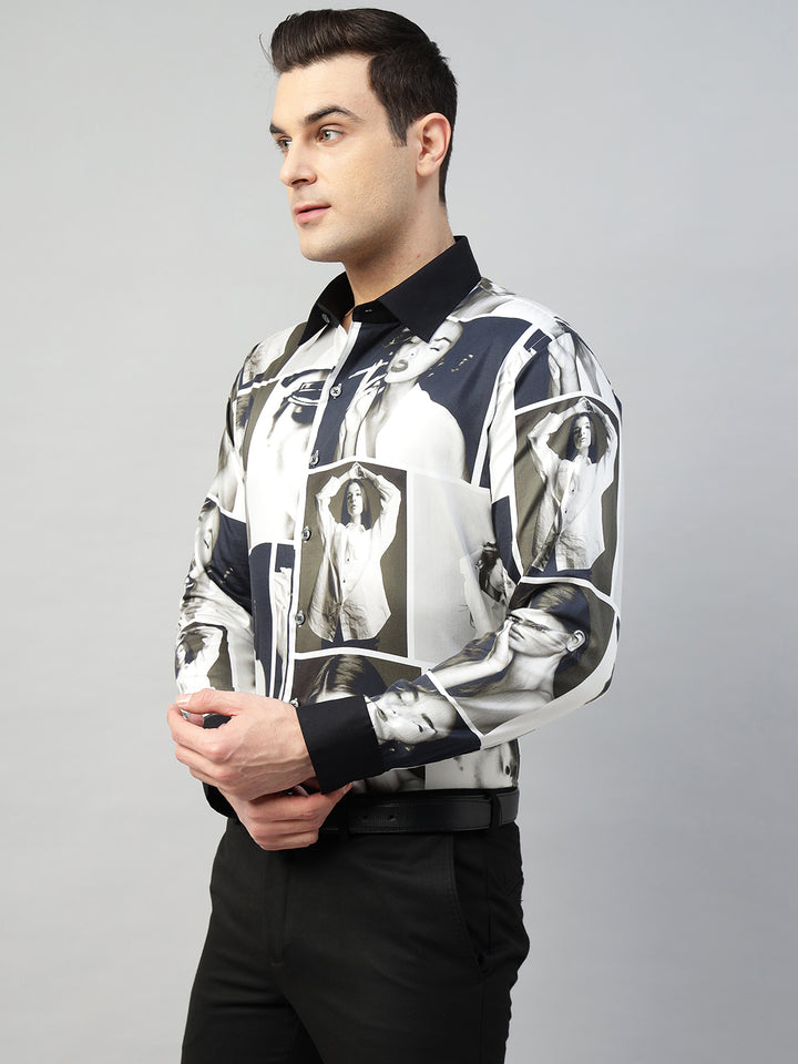Hancock Men White & Black Prints Cotton Elastene Slim Fit Party Shirt