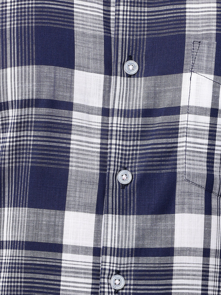 Hancock Men Navy Blue Check Spread Collar Slim Fit Formal Shirt