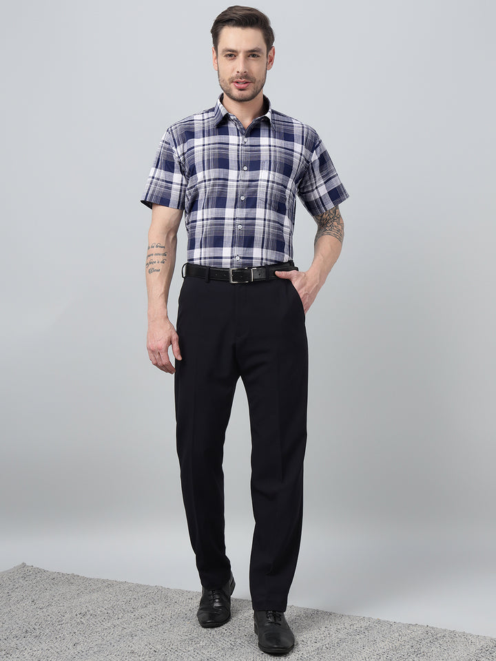 Hancock Men Navy Blue Check Spread Collar Slim Fit Formal Shirt