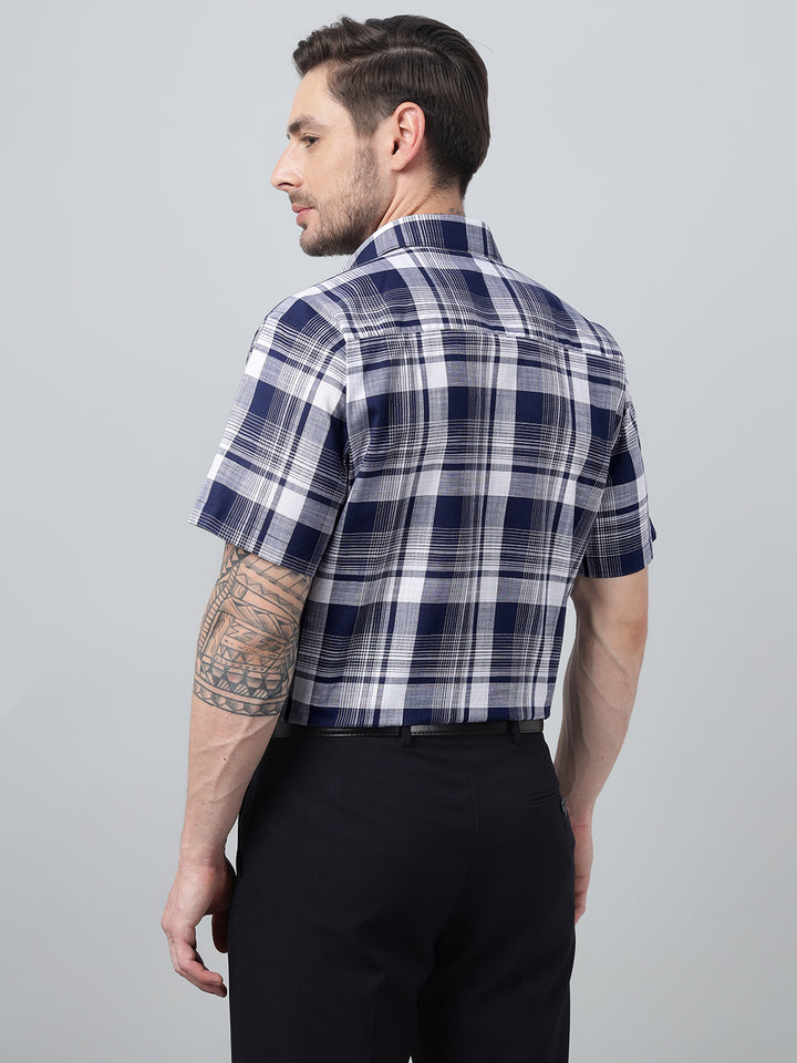 Hancock Men Navy Blue Check Spread Collar Slim Fit Formal Shirt