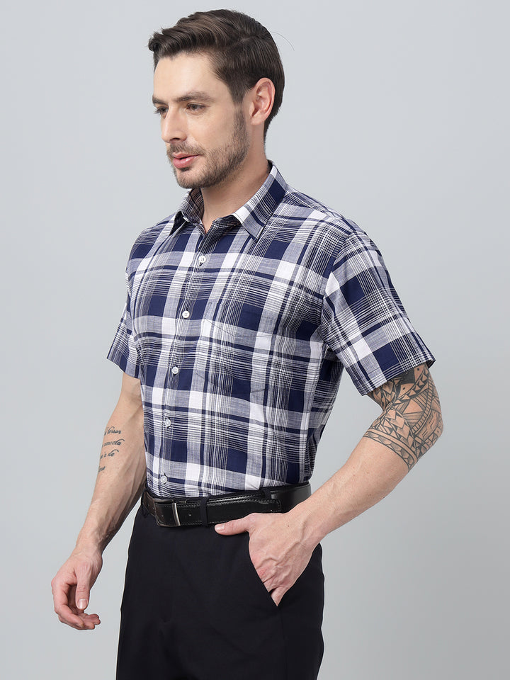 Hancock Men Navy Blue Check Spread Collar Slim Fit Formal Shirt