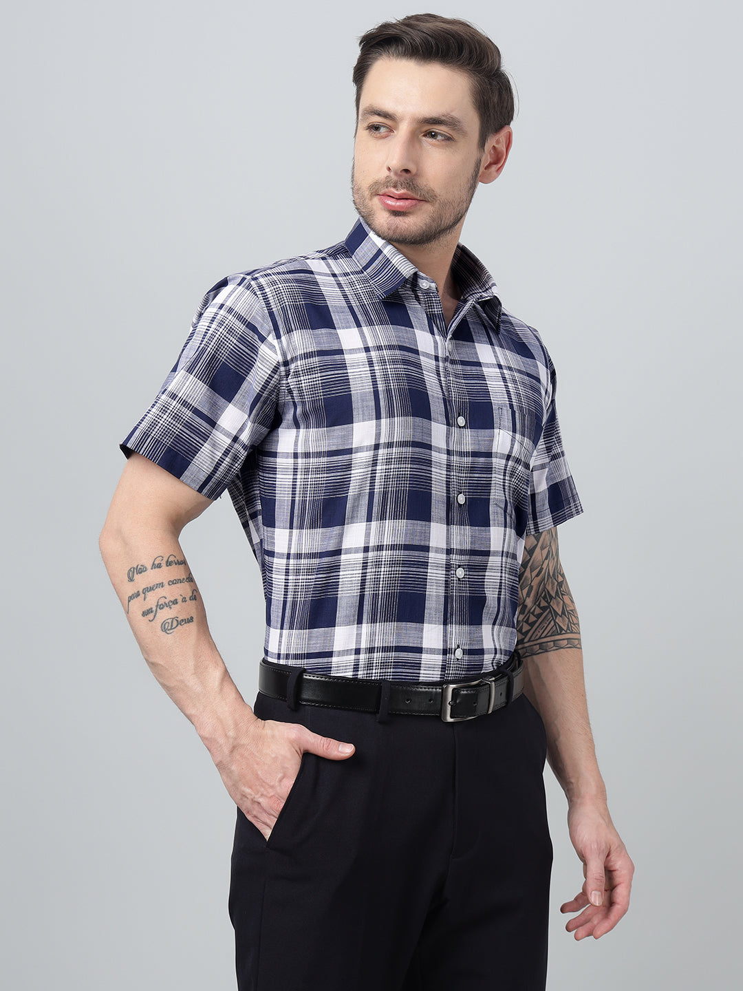 Hancock Men Navy Blue Check Spread Collar Slim Fit Formal Shirt