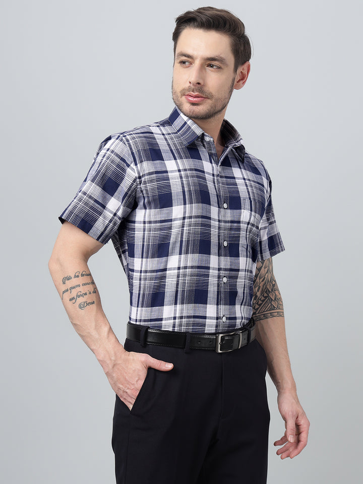 Hancock Men Navy Blue Check Spread Collar Slim Fit Formal Shirt