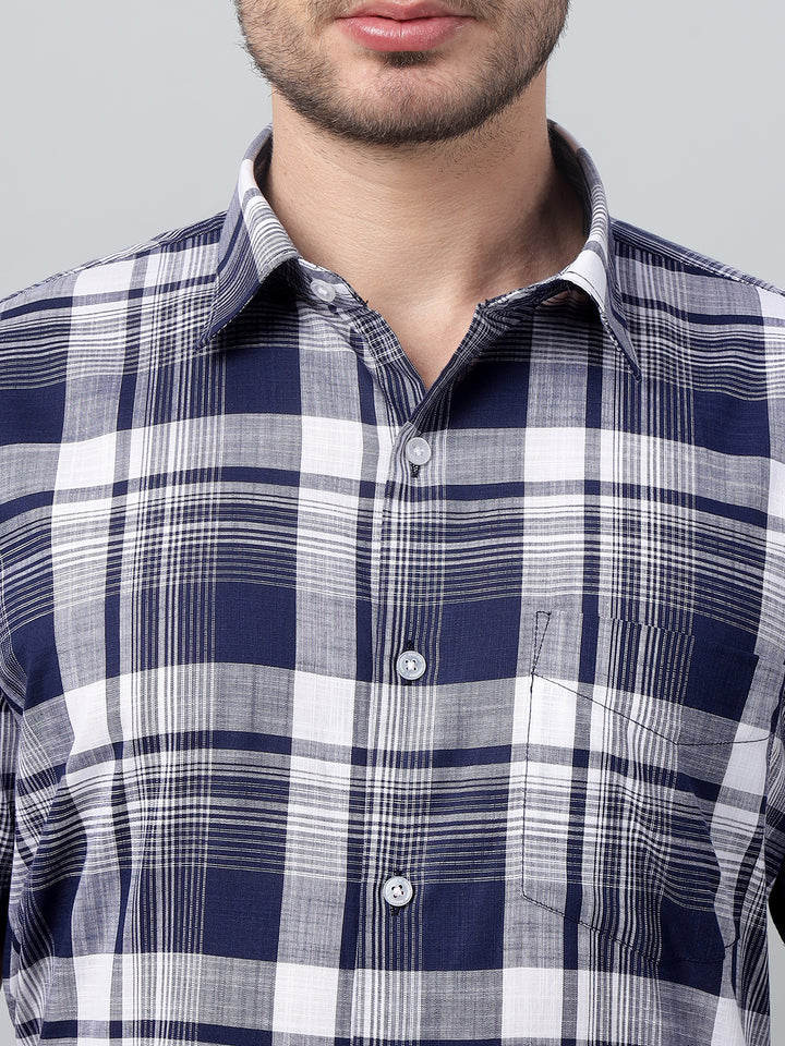 Hancock Men Navy Blue Check Spread Collar Slim Fit Formal Shirt