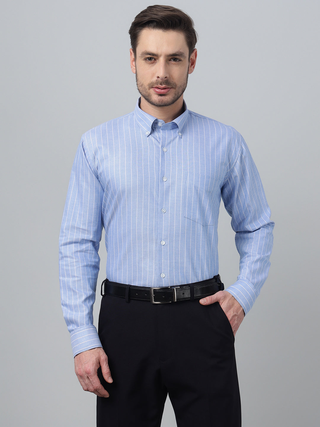 Hancock Men Blue Stripe Button-Down Collar Slim Fit Formal Shirt