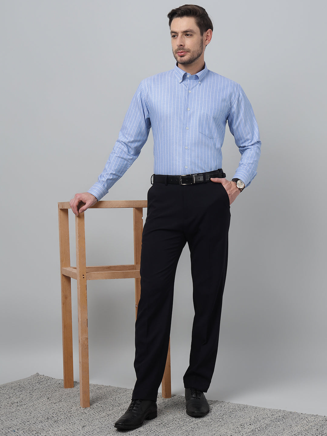 Hancock Men Blue Stripe Button-Down Collar Slim Fit Formal Shirt