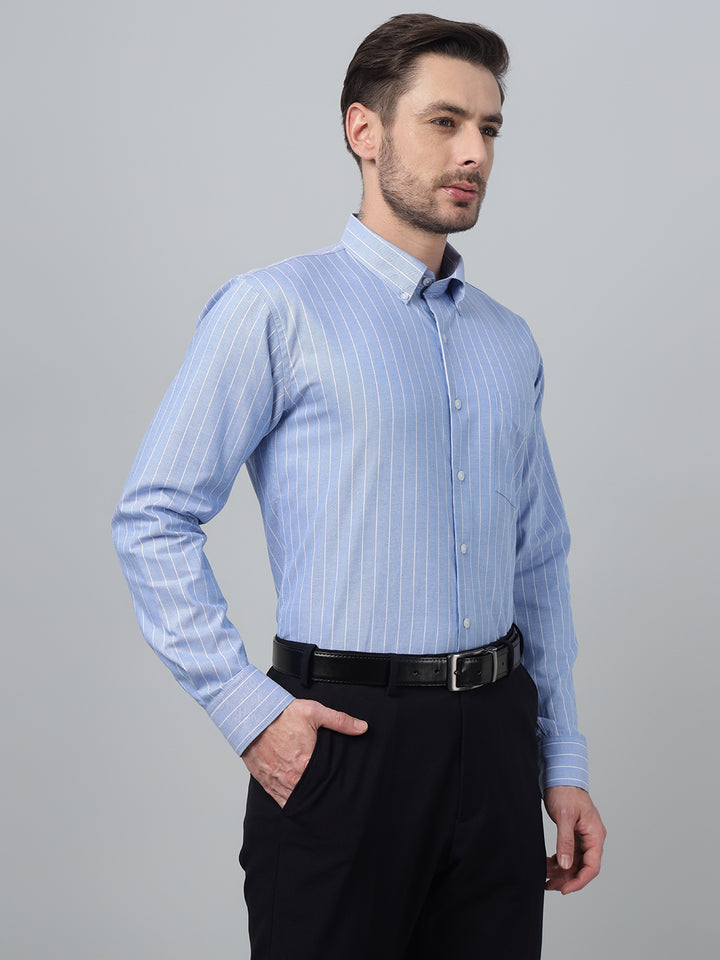 Hancock Men Blue Stripe Button-Down Collar Slim Fit Formal Shirt