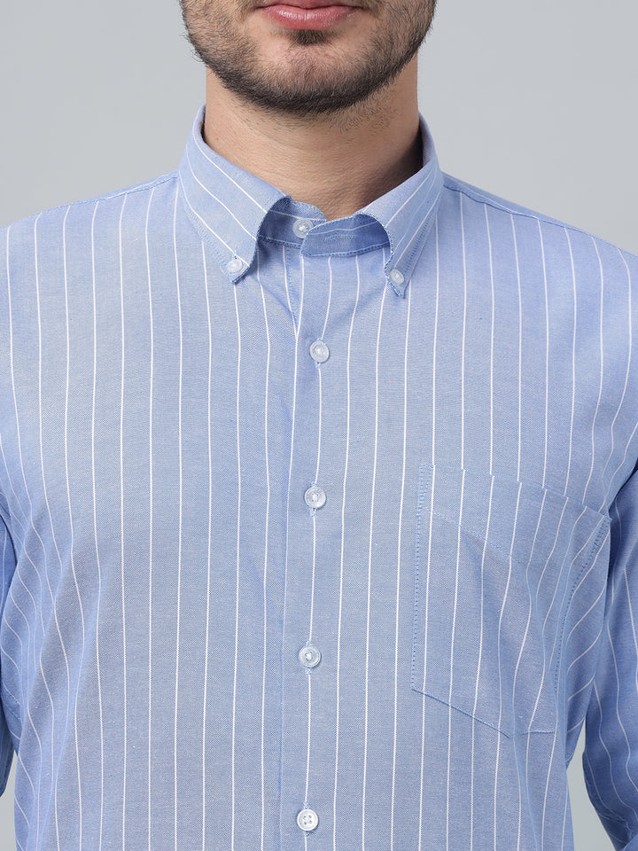 Hancock Men Blue Stripe Button-Down Collar Slim Fit Formal Shirt