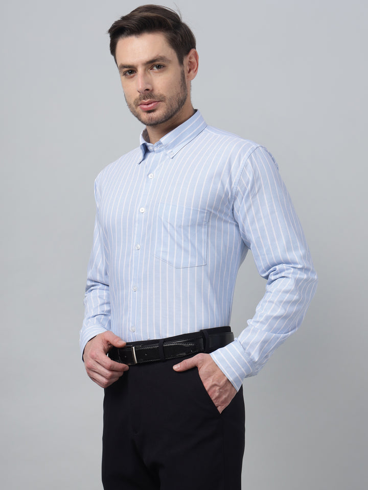 Hancock Men Sky Blue Stripe Button-Down Collar Slim Fit Formal Shirt