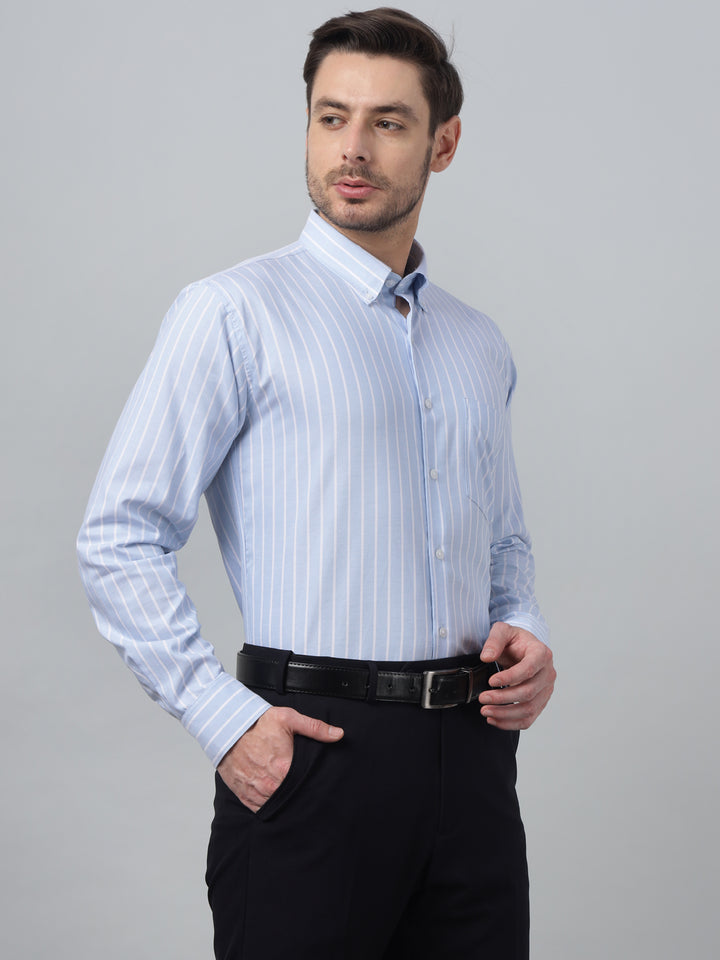 Hancock Men Sky Blue Stripe Button-Down Collar Slim Fit Formal Shirt