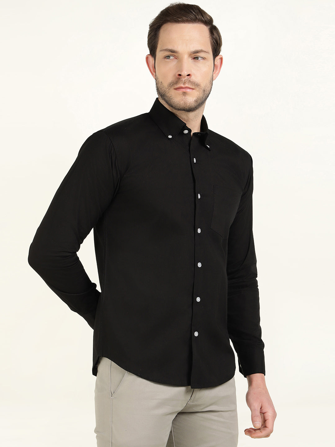 Hancock Men Black Pure Cotton Button Down Collar Slim Fit Casual Shirt