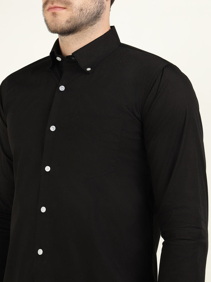 Hancock Men Black Pure Cotton Button Down Collar Slim Fit Casual Shirt