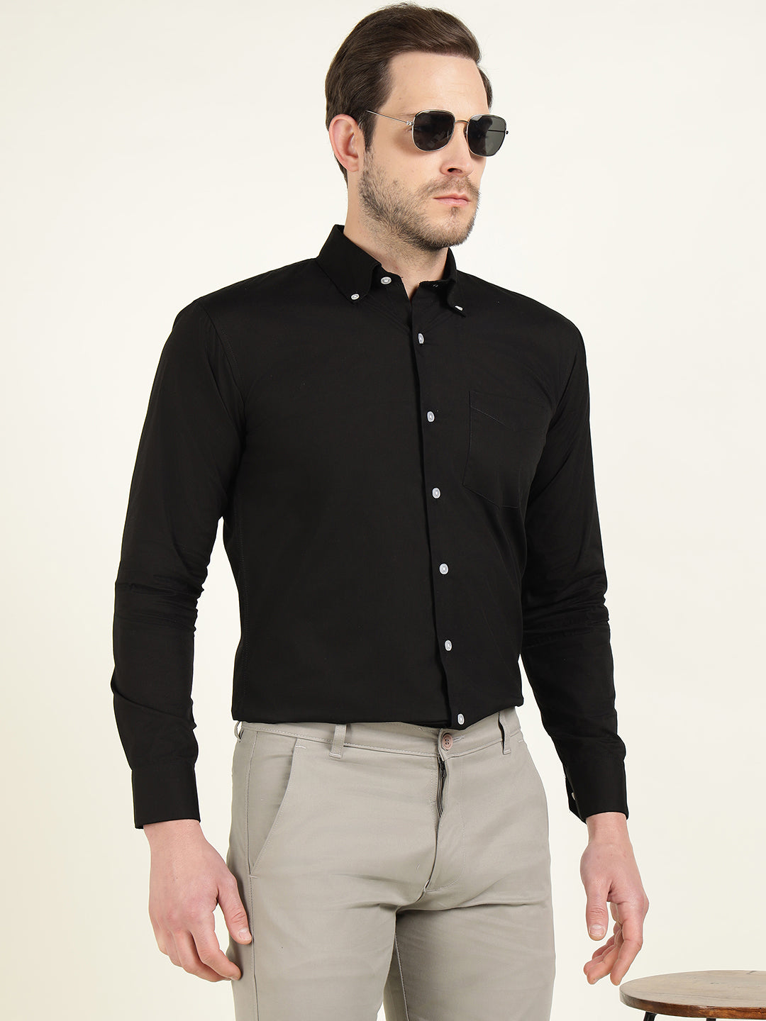 Hancock Men Black Pure Cotton Button Down Collar Slim Fit Casual Shirt