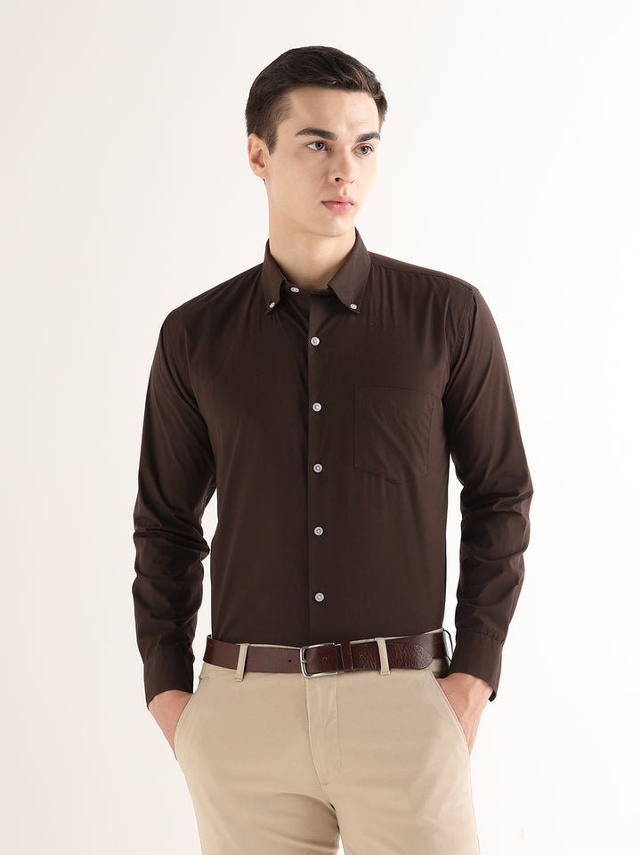 Hancock   Men   Brown   Solids   Pure Cotton   Slim Fit   Formal   Shirt