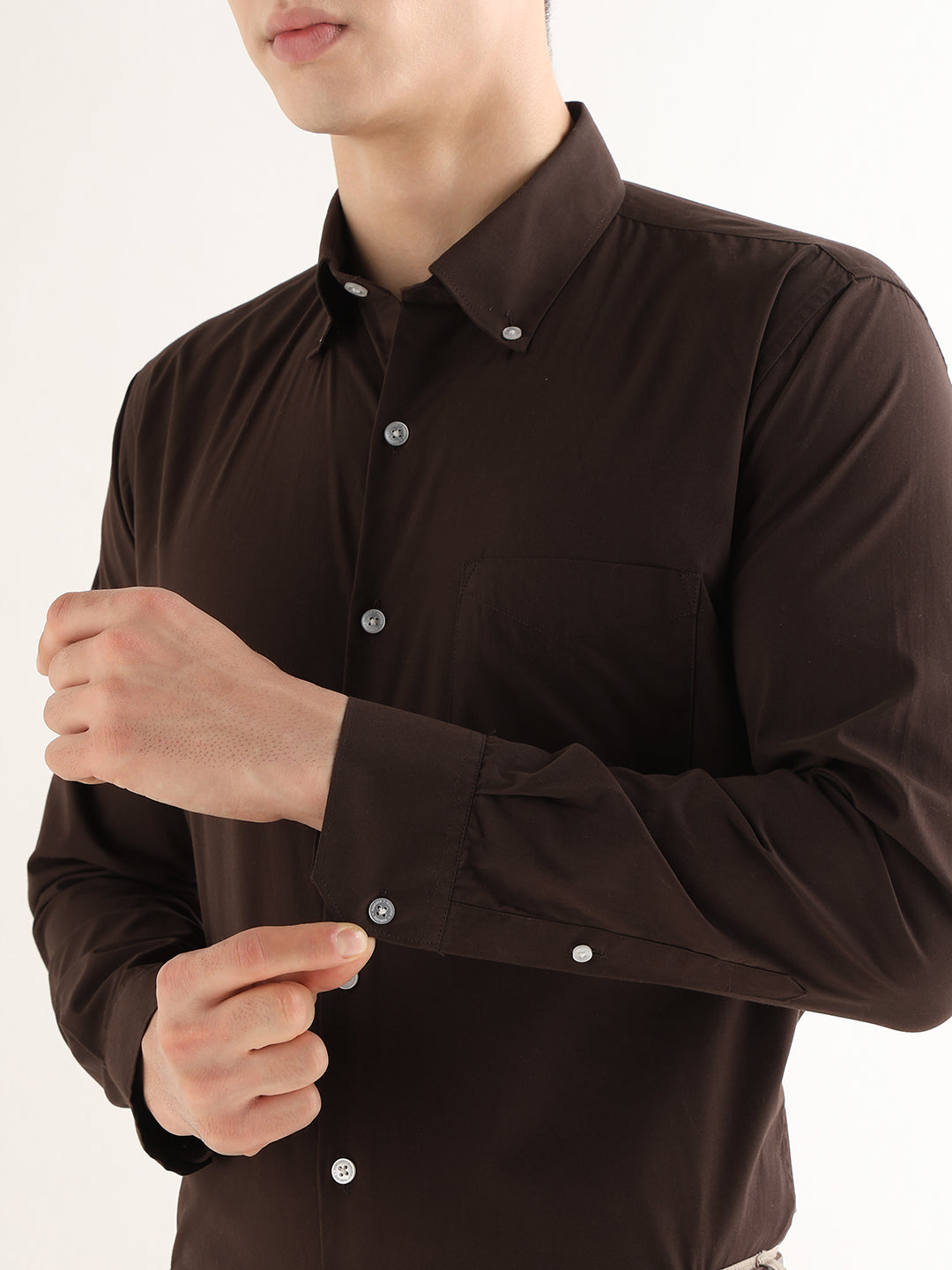 Hancock   Men   Brown   Solids   Pure Cotton   Slim Fit   Formal   Shirt
