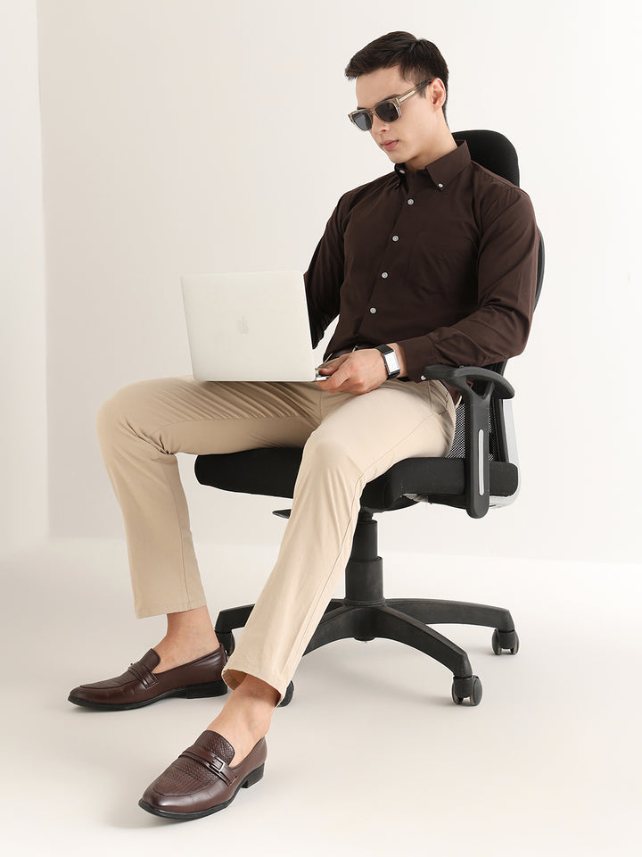 Hancock   Men   Brown   Solids   Pure Cotton   Slim Fit   Formal   Shirt