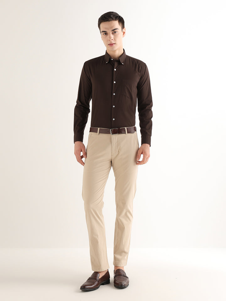 Hancock   Men   Brown   Solids   Pure Cotton   Slim Fit   Formal   Shirt