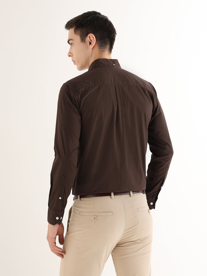 Hancock   Men   Brown   Solids   Pure Cotton   Slim Fit   Formal   Shirt