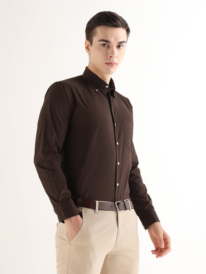 Hancock   Men   Brown   Solids   Pure Cotton   Slim Fit   Formal   Shirt