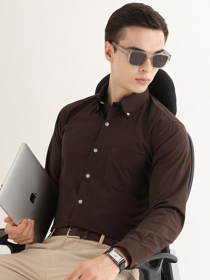 Hancock   Men   Brown   Solids   Pure Cotton   Slim Fit   Formal   Shirt