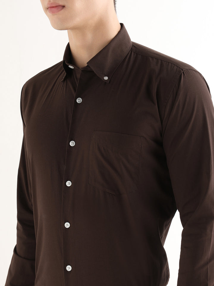 Hancock   Men   Brown   Solids   Pure Cotton   Slim Fit   Formal   Shirt