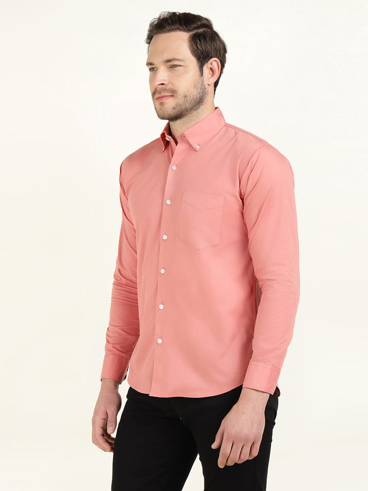 Hancock Men Coral Pure Cotton Button Down Collar Slim Fit Casual Shirt