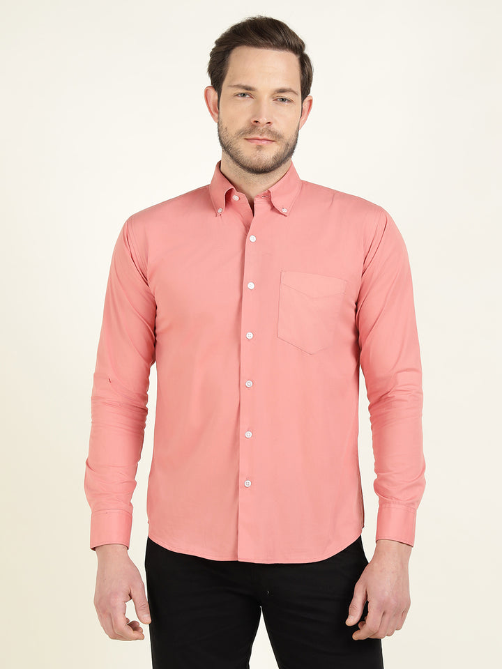 Hancock Men Coral Pure Cotton Button Down Collar Slim Fit Casual Shirt