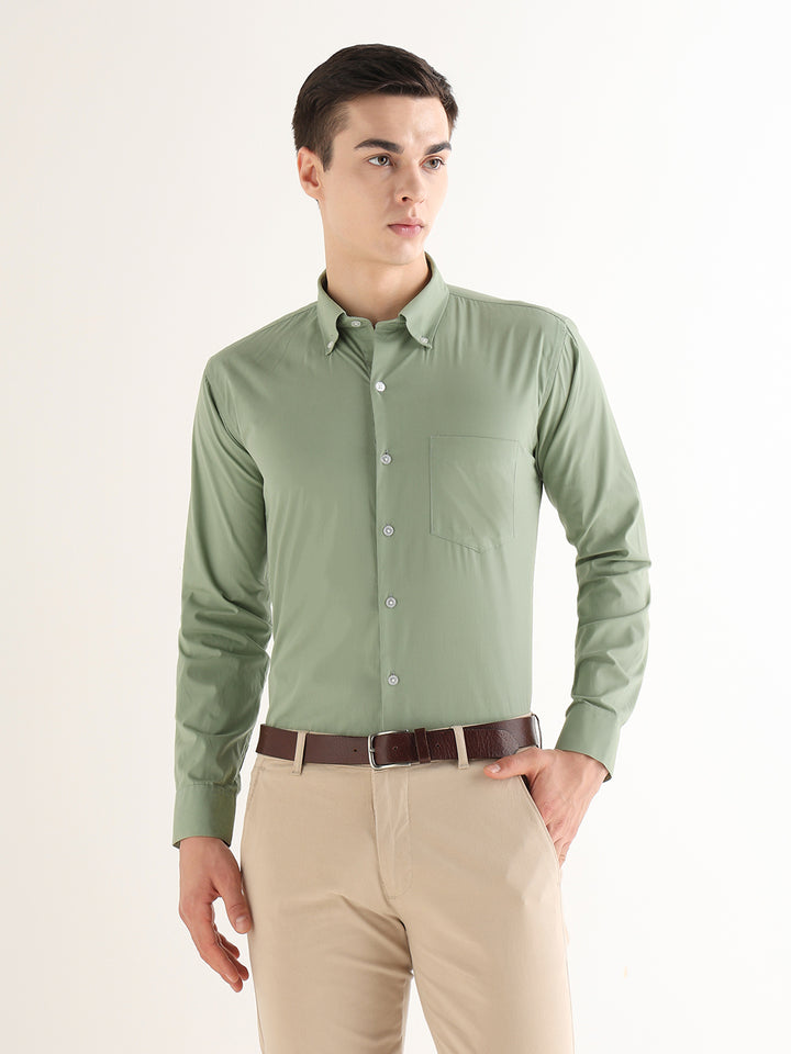 Hancock   Men   Green   Solids   Pure Cotton   Slim Fit   Formal   Shirt
