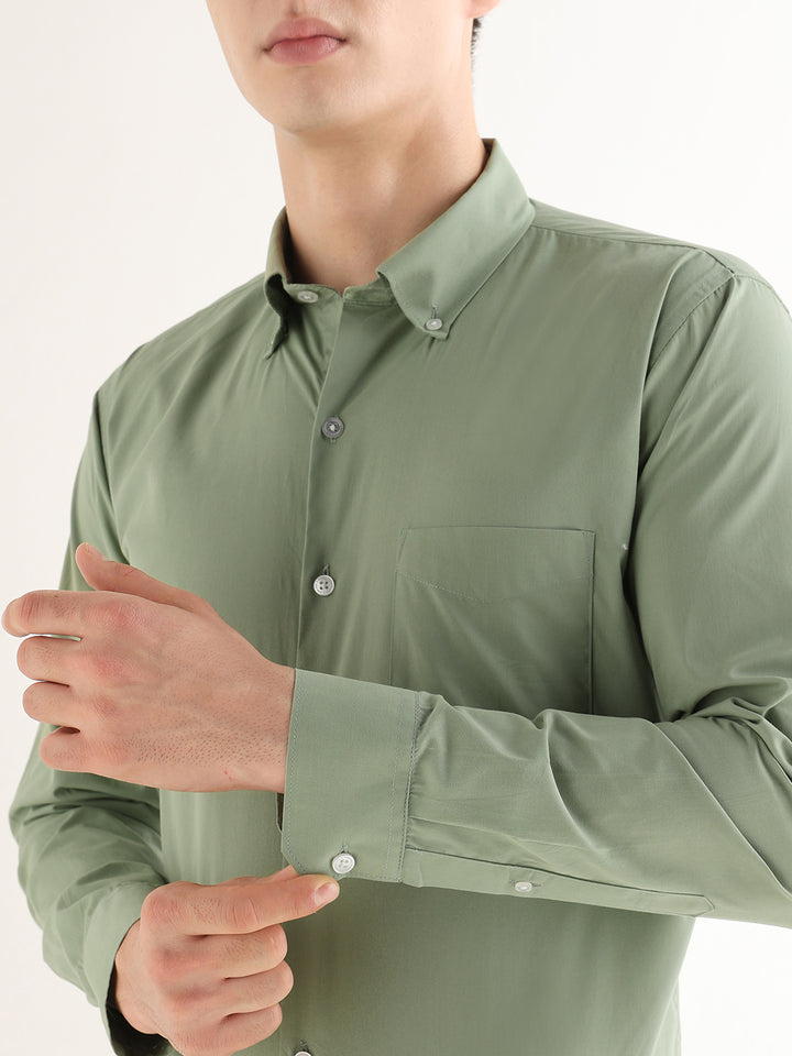 Hancock   Men   Green   Solids   Pure Cotton   Slim Fit   Formal   Shirt