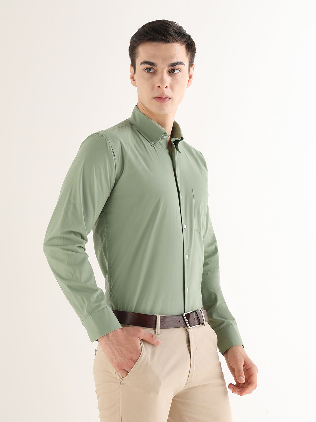 Hancock   Men   Green   Solids   Pure Cotton   Slim Fit   Formal   Shirt