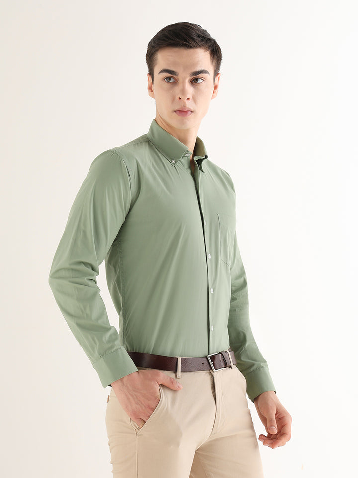Hancock   Men   Green   Solids   Pure Cotton   Slim Fit   Formal   Shirt