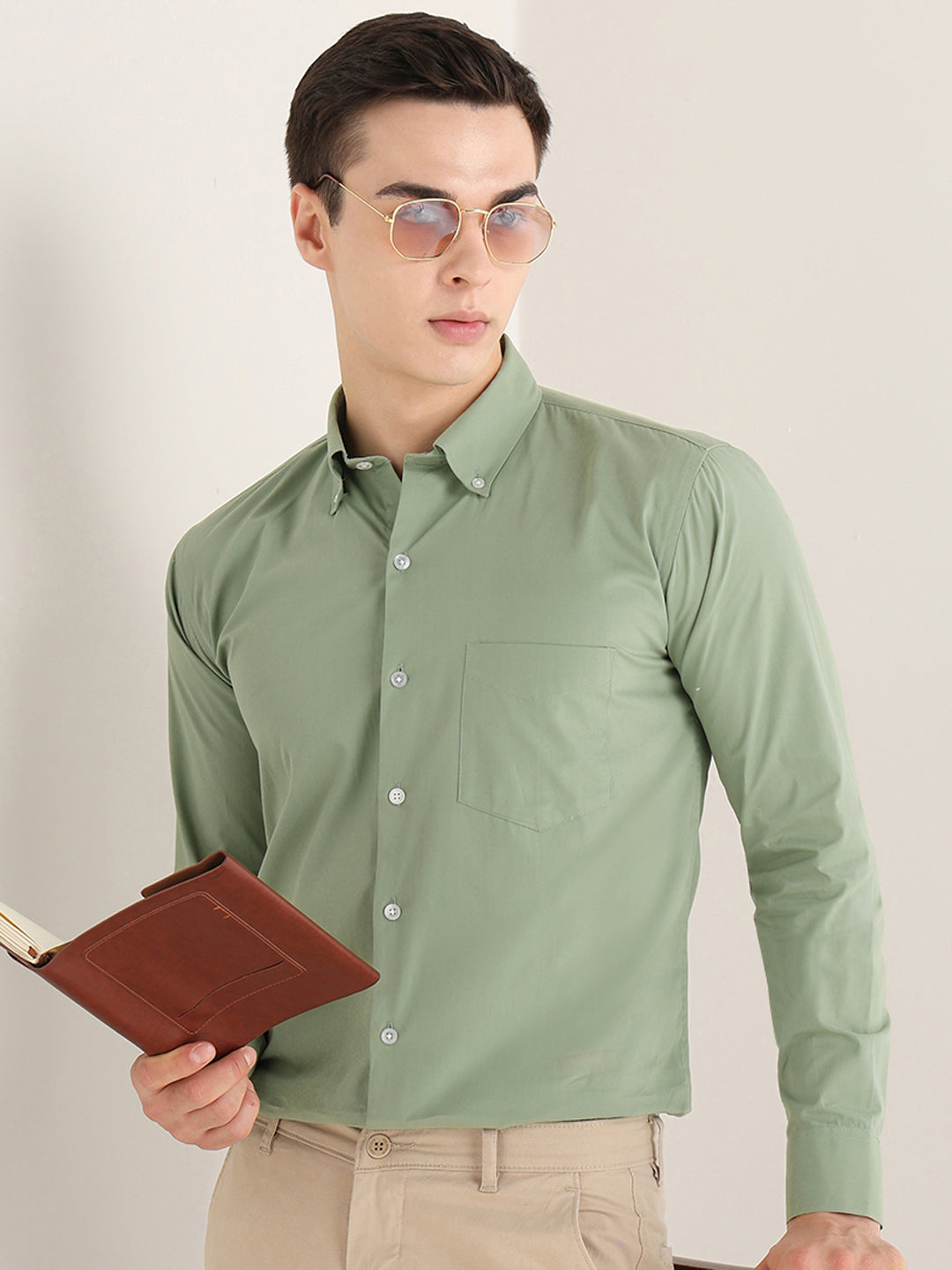 Hancock   Men   Green   Solids   Pure Cotton   Slim Fit   Formal   Shirt
