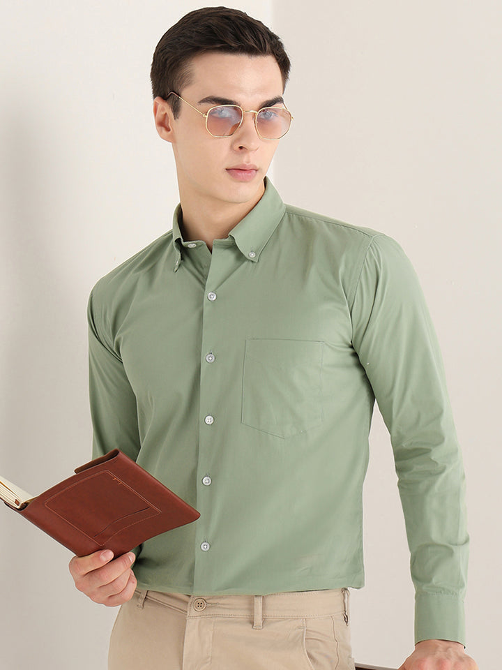 Hancock   Men   Green   Solids   Pure Cotton   Slim Fit   Formal   Shirt