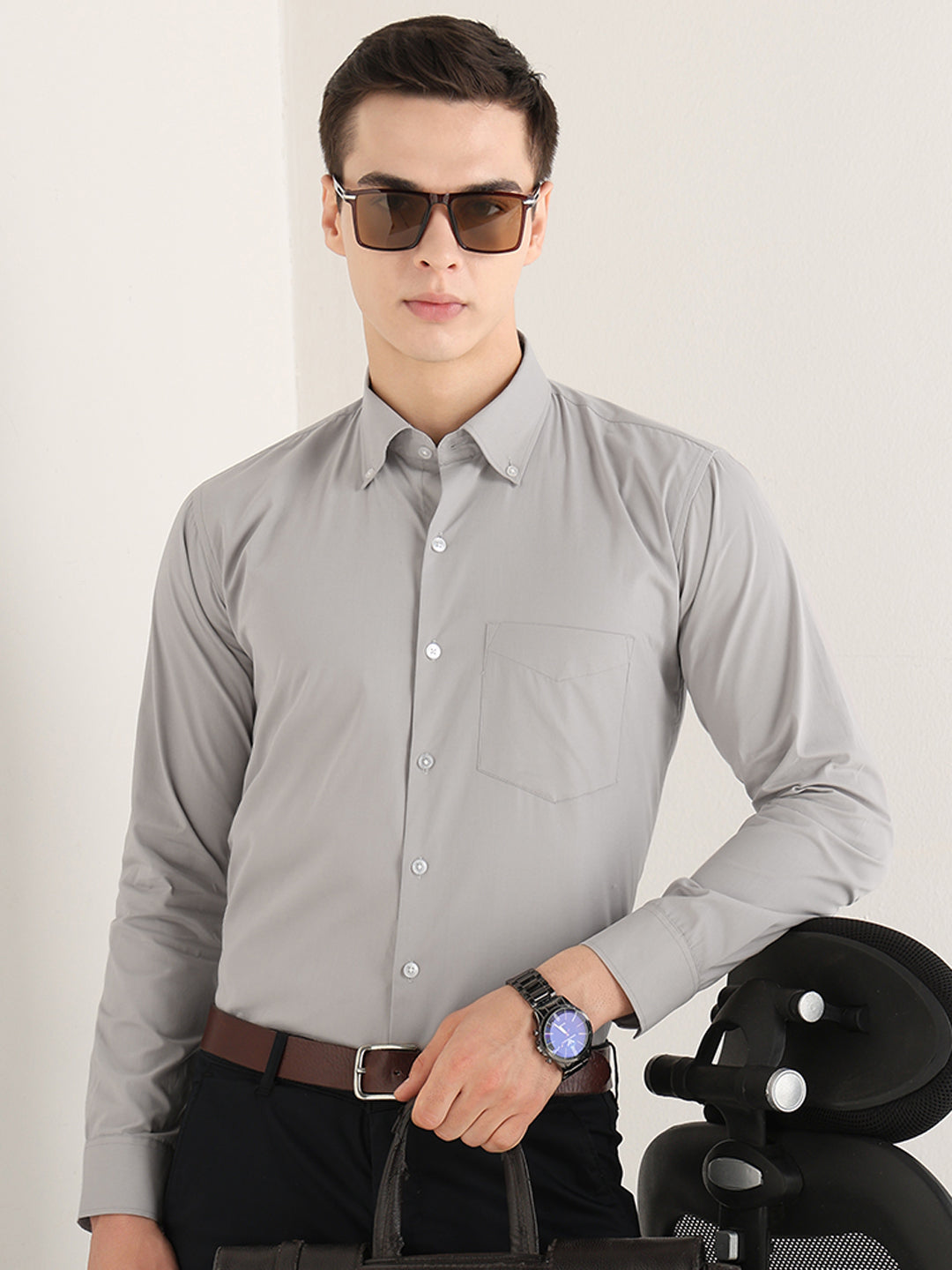 Hancock   Men   Light Grey   Solids   Pure Cotton   Slim Fit   Formal   Shirt