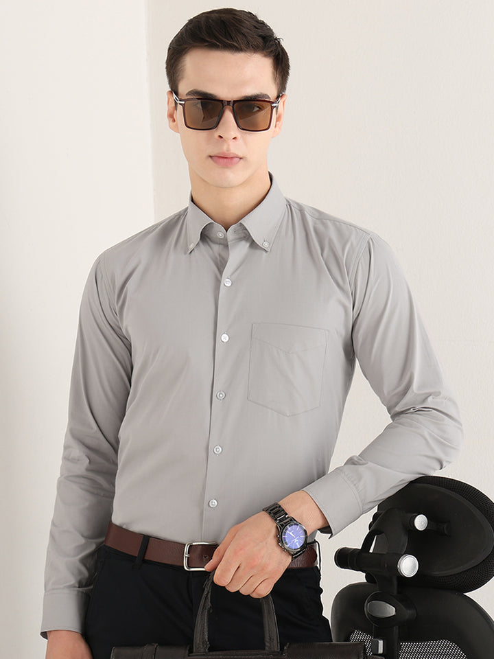 Hancock   Men   Light Grey   Solids   Pure Cotton   Slim Fit   Formal   Shirt