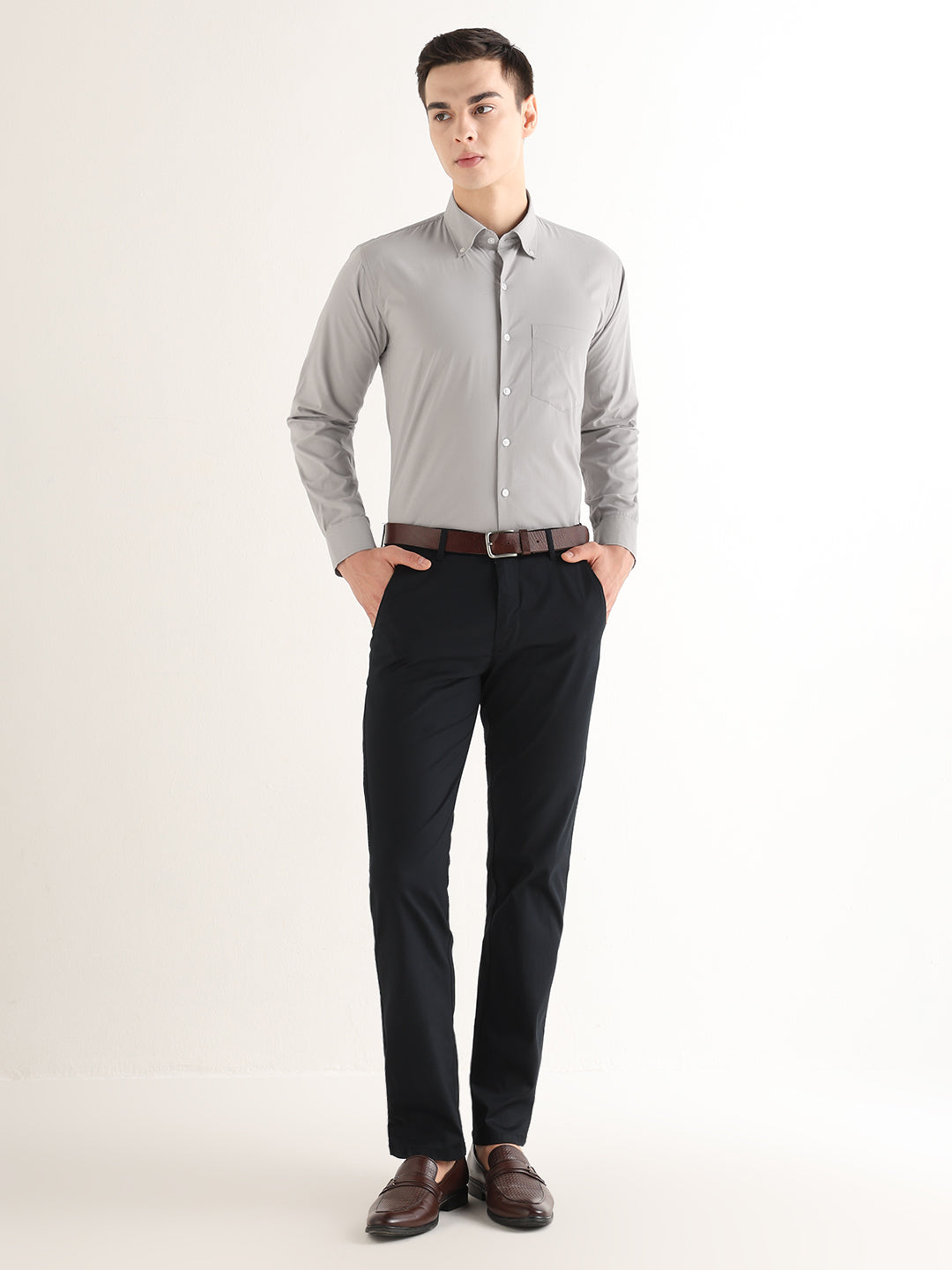 Hancock   Men   Light Grey   Solids   Pure Cotton   Slim Fit   Formal   Shirt