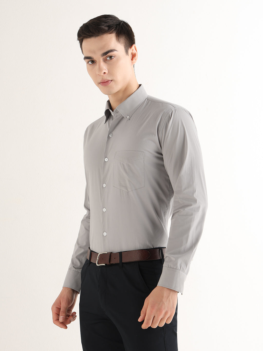 Hancock   Men   Light Grey   Solids   Pure Cotton   Slim Fit   Formal   Shirt
