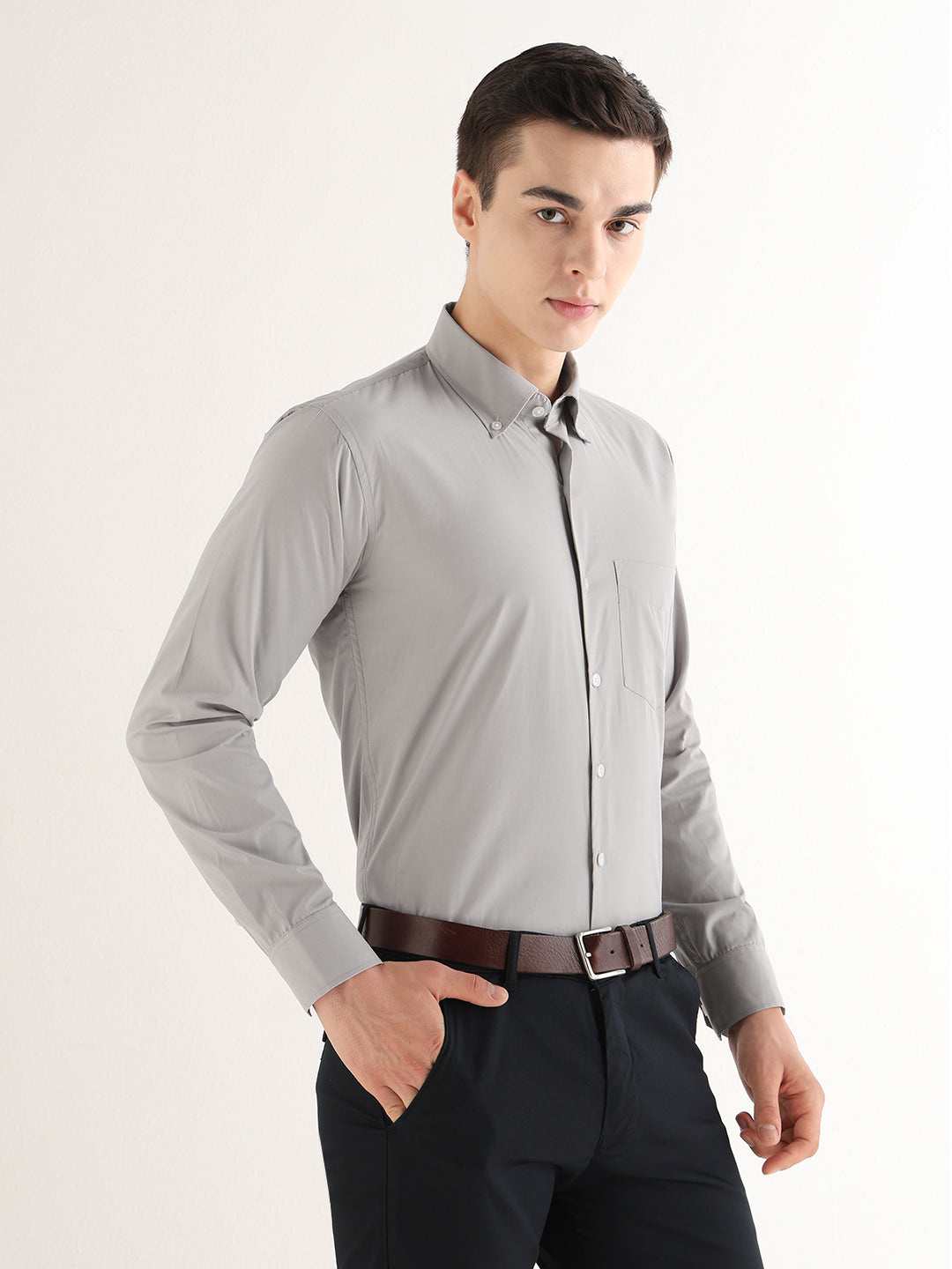 Hancock   Men   Light Grey   Solids   Pure Cotton   Slim Fit   Formal   Shirt