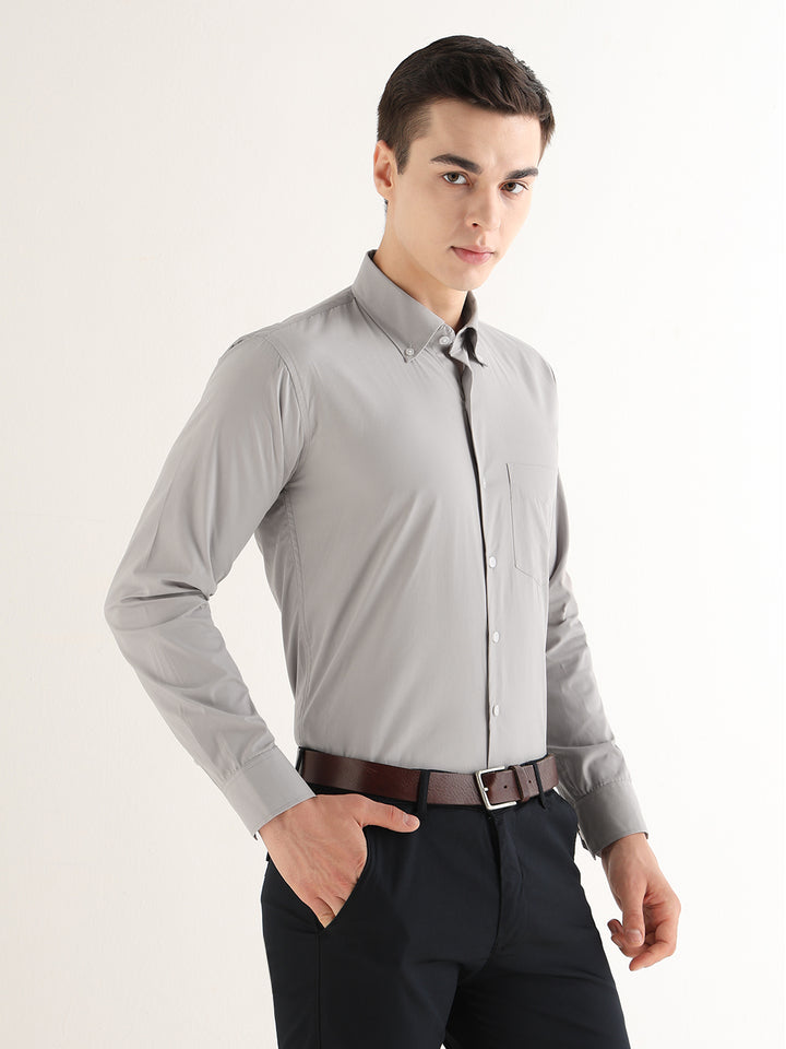 Hancock   Men   Light Grey   Solids   Pure Cotton   Slim Fit   Formal   Shirt