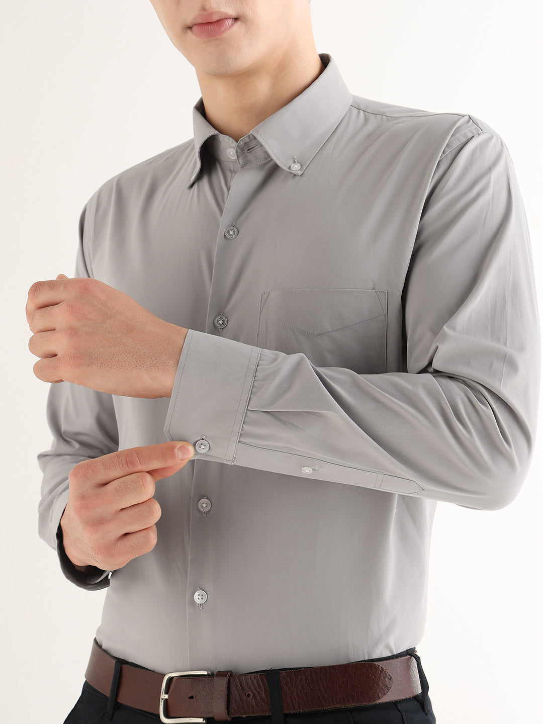Hancock   Men   Light Grey   Solids   Pure Cotton   Slim Fit   Formal   Shirt