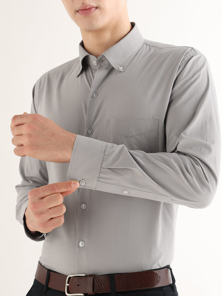 Hancock   Men   Light Grey   Solids   Pure Cotton   Slim Fit   Formal   Shirt