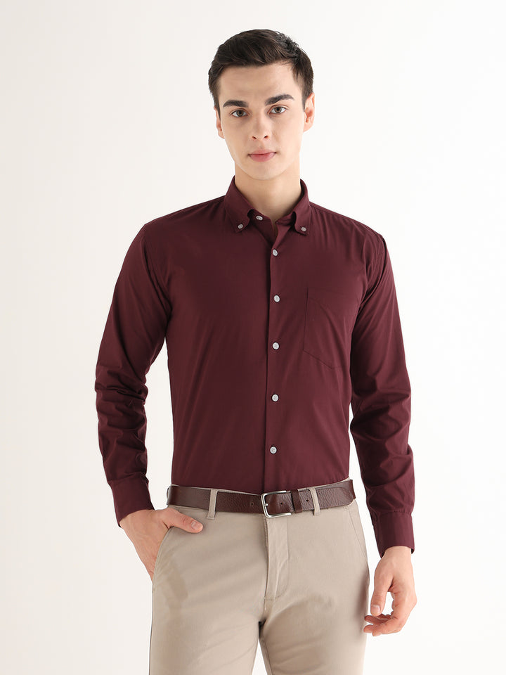 Hancock   Men   Maroon   Solids   Pure Cotton   Slim Fit   Formal   Shirt