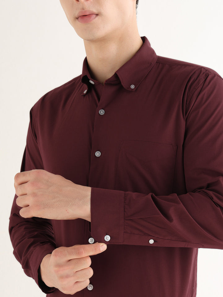 Hancock   Men   Maroon   Solids   Pure Cotton   Slim Fit   Formal   Shirt