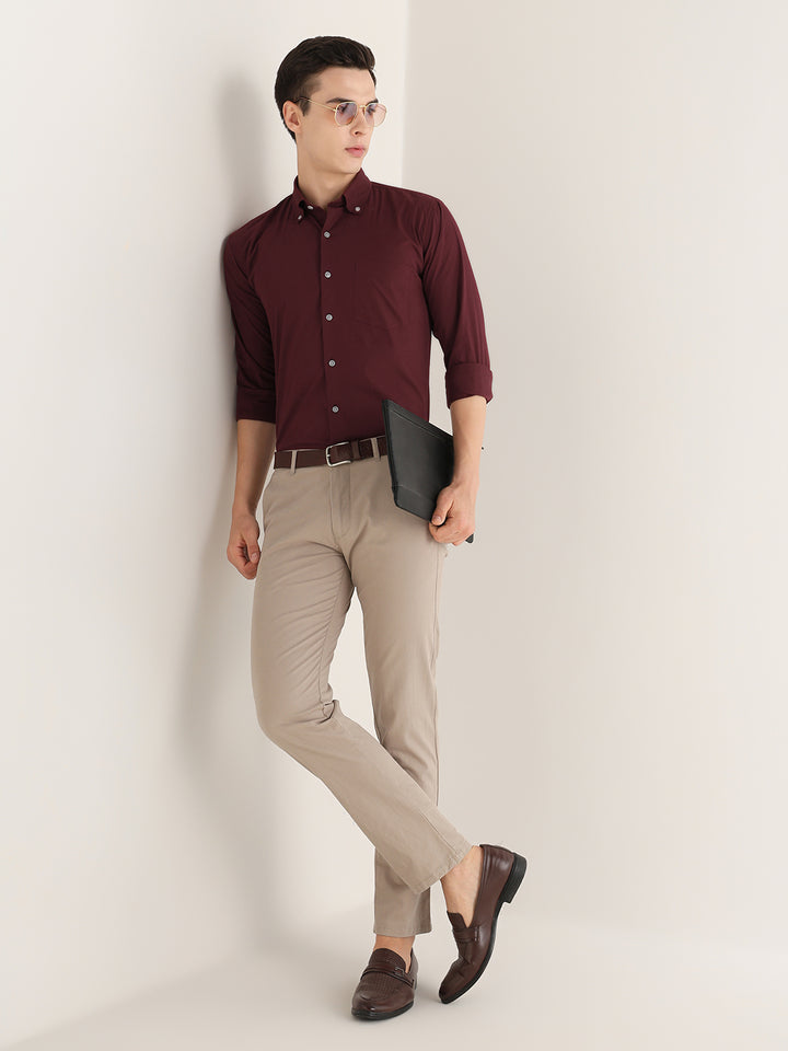 Hancock   Men   Maroon   Solids   Pure Cotton   Slim Fit   Formal   Shirt