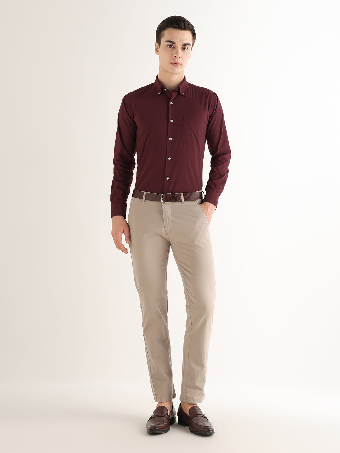 Hancock   Men   Maroon   Solids   Pure Cotton   Slim Fit   Formal   Shirt