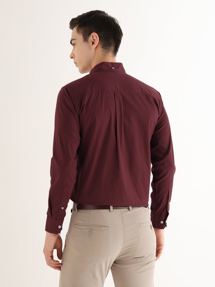 Hancock   Men   Maroon   Solids   Pure Cotton   Slim Fit   Formal   Shirt